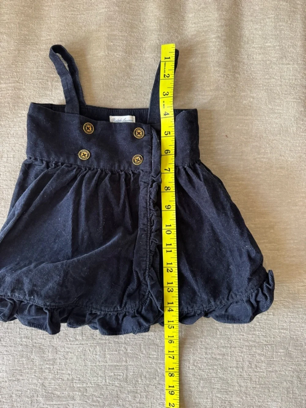 Ralph Lauren Baby Girl Corduroy Ruffle Dress 9M Navy Blue Button Front Boho